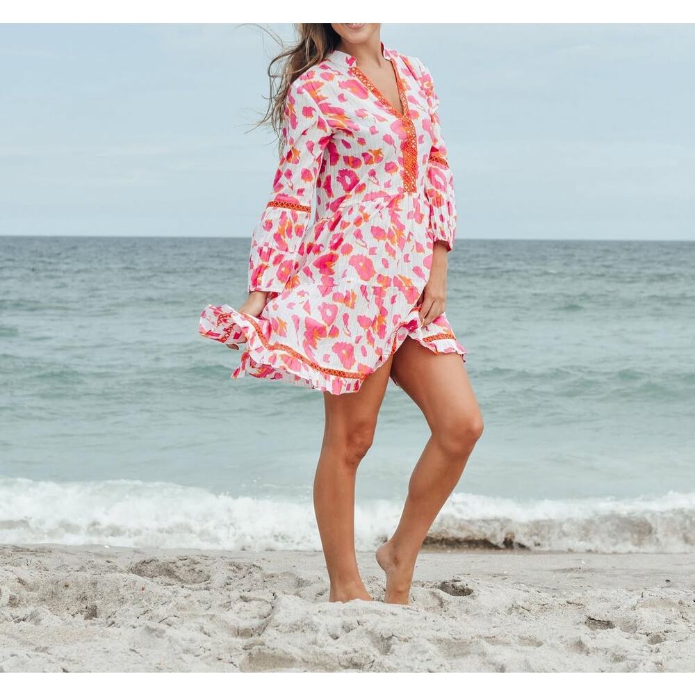 La Plage Alison Long Sleeve Dress pink Leopard Size Medium